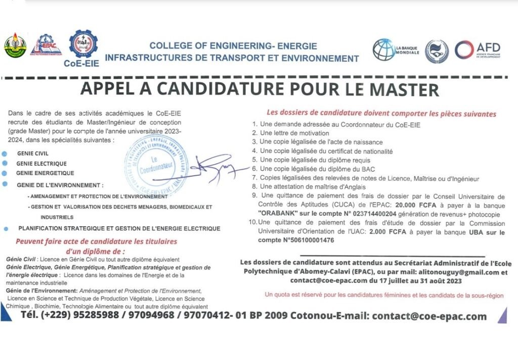 Appels à candidature pour le Master au titre de l’année académique 2023